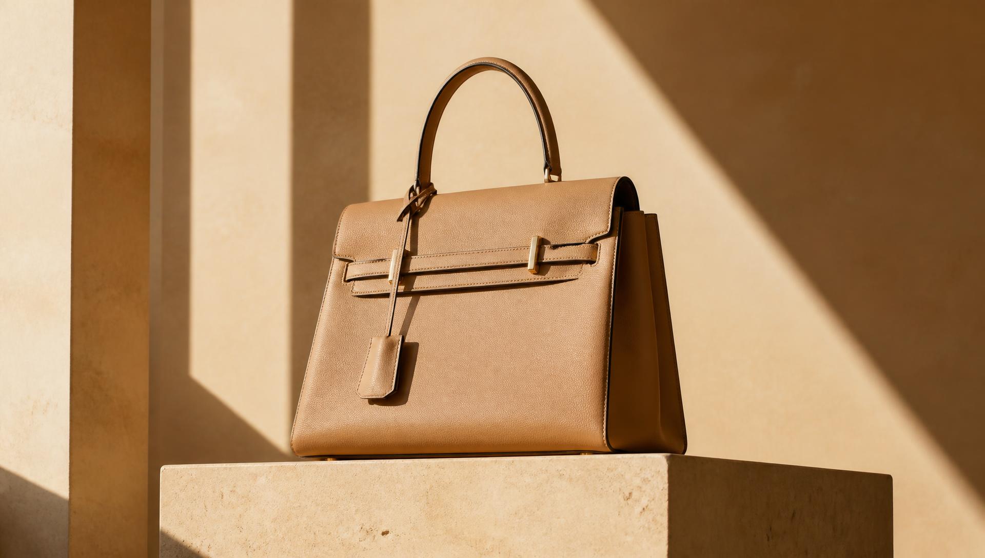 Structured tan leather handbag on a minimalist stone pedestal in warm sunlight